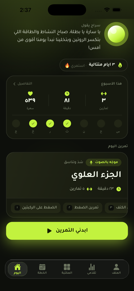 الشاشة الرئيسية — خطة اليوم والسلسلة وإحصائيات الأسبوع